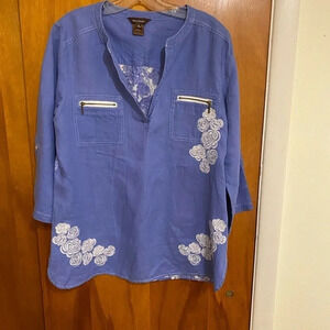 Multiples Women’s Blue Linen Embroidered Floral Roll Sleeve Top, Size Small